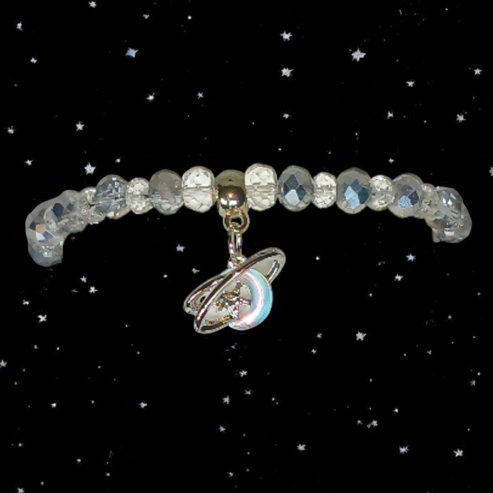Silver Metallic Galactic Bracelet Blue Saturn Charm Whimsygoth Spacecore 2000s